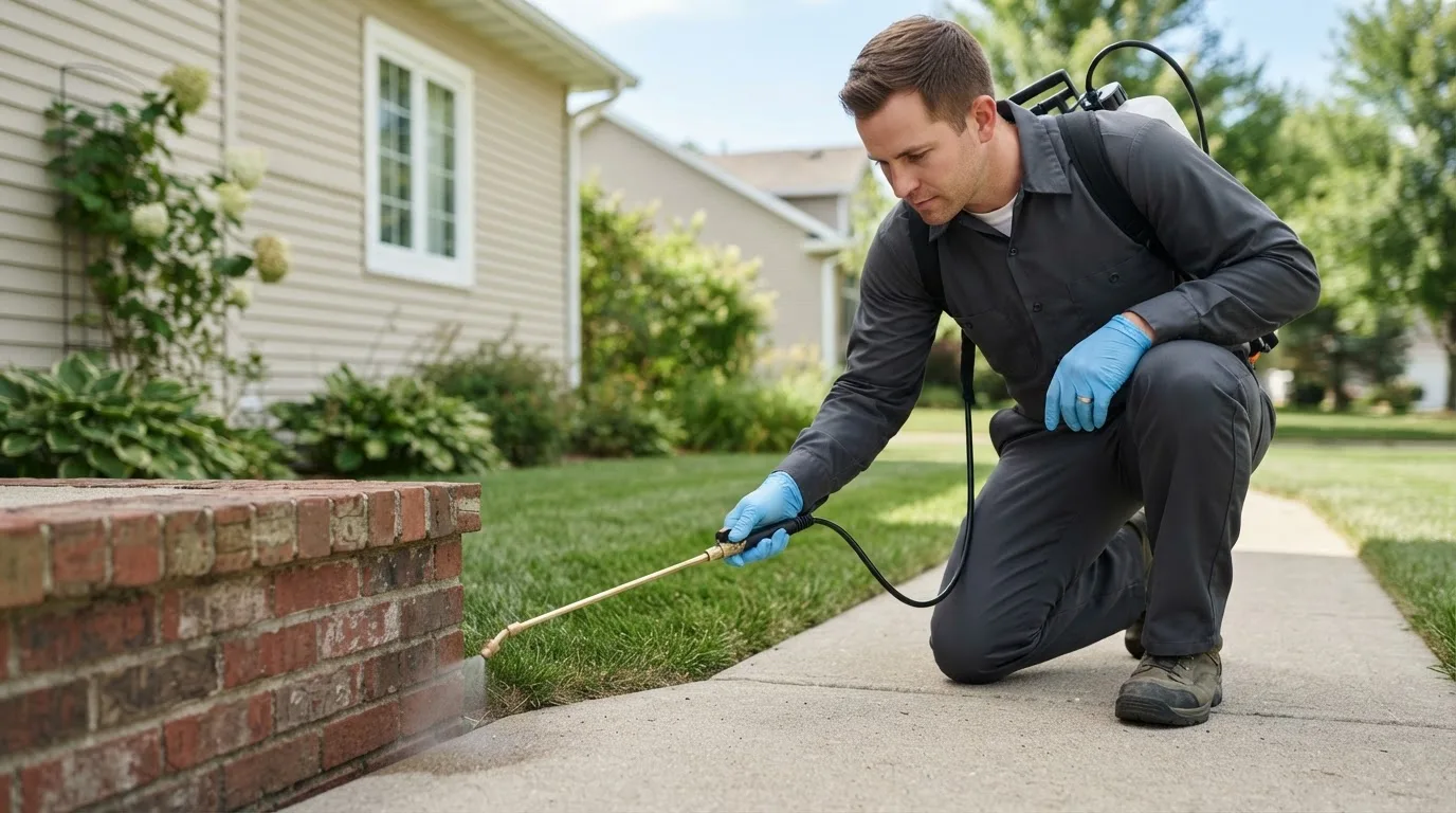 Pest control technician treating a home near Belle Center, OH