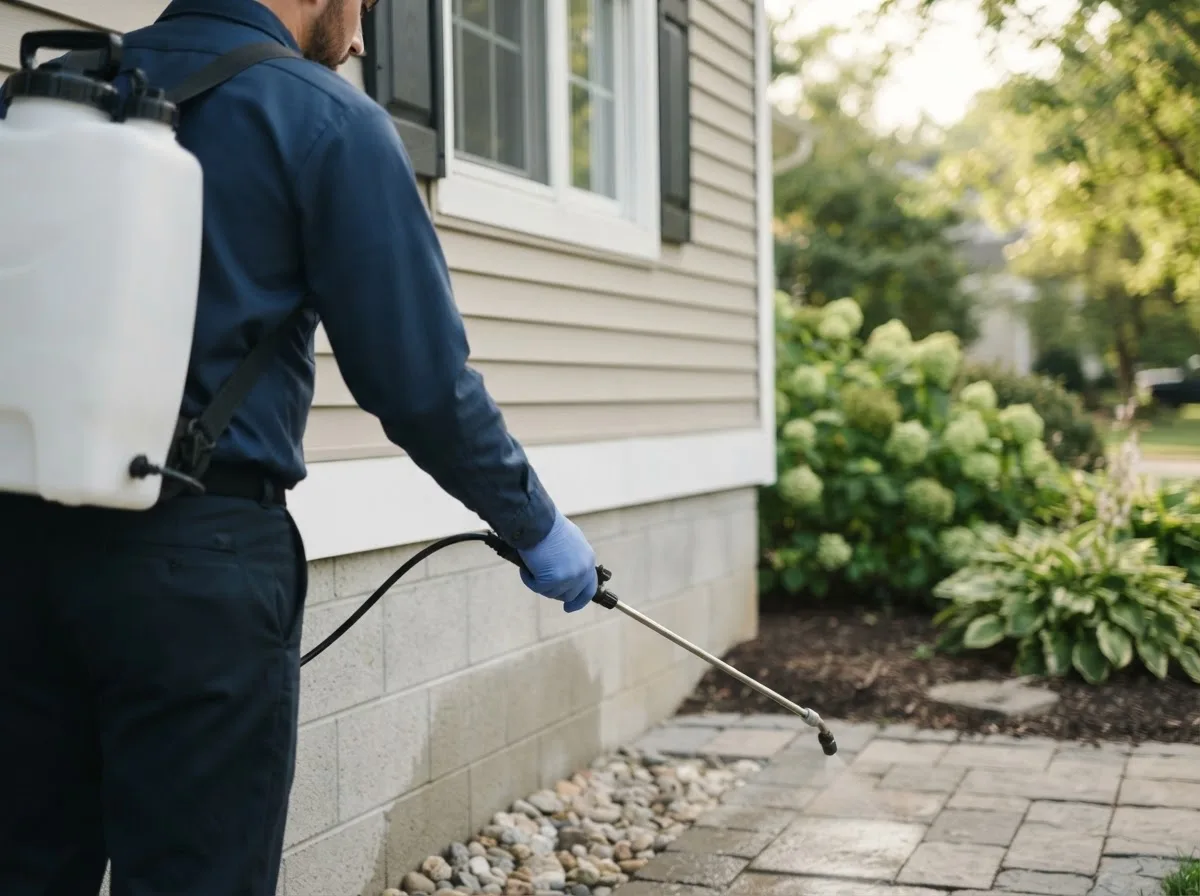 Pest control technician inspecting a home in Belle Center, OH